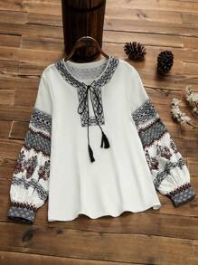 Lacomfia Blusa informal de mujer con mangas de farol y estampado colocado, para primavera/verano