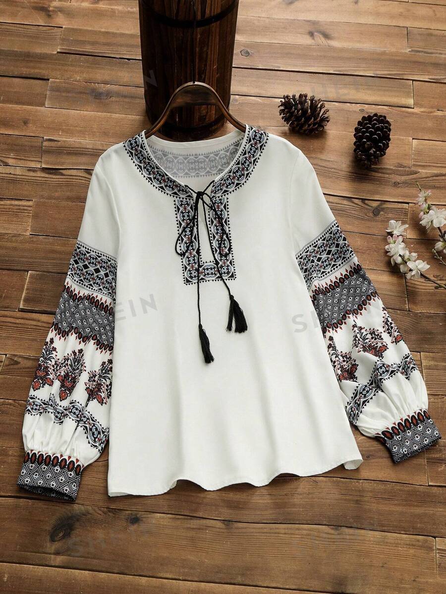 Lacomfia Blusa informal de mujer con mangas de farol y estampado colocado, para primavera/verano