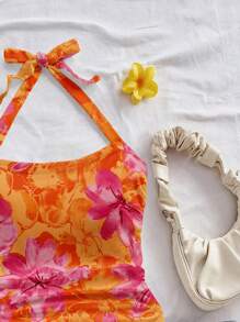 Soleia 女士度假露背褶皱修身背心，适合夏季假期，橙色大花卉印花，复古风格，休闲度假风格，性感，可爱，Y2K 椰子女孩，波西米亚风，音乐节 - 彩色 - 查看 3