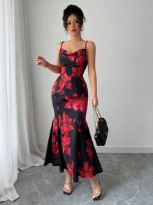 Chiquease Women's Floral Print Plunging Neckline Ruffle Hem Elegant Camisole Dress