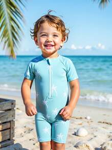 SHEIN Bañador de una pieza con estampado de tortuga marina para bebés y niños pequeños, para verano, playa, piscina, ropa de baño para bebé/niño pequeño - Neblina azul - Ver 5