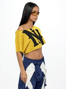 SUMWON WOMEN 露肩图案徽标短款上衣 纽约宣言都市街头服饰宽松大学运动健身节休闲周末 T 恤 - 黃色 - 查看 6