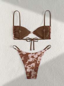 2pcs Floral Print Gold Accessory Tank Top & Spaghetti Strap Bikini Bottom Swimming Suit, Sexy Ladies Summer Vacation Swimwear Set