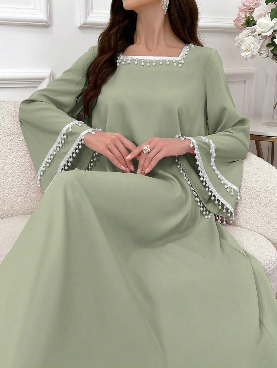 Al Najma 优雅方领喇叭袖串珠花卉装饰女式连衣裙 - 薄荷綠 - 查看 1