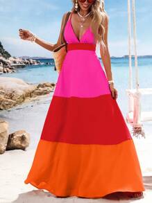 Vivid Eden Sukienka damska z długim rękawem z nadrukiem w bloki kolorów i dekoltem w serek, wiosenne i letnie stylizacje, ubrania letnie, walentynki, stroje wakacyjne, stroje plażowe dla kobiet, festiwal, romantyczne i eleganckie ubrania, styl boho, boho, słodkie, stroje rave na festiwal, tropikalne ubrania damskie na wakacje, karnawał