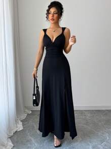 Chiquease 女士纯色细肩带连衣裙，简约时尚，适合夏季 - 黑色 - 查看 4