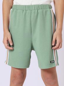 SUMWON Tween Boys Sage Green Waffle Knit Summer Two-Piece Set With Retro Stripes Shirt And Shorts Casual Athletic Comfortable Matching Set - Green - View 6