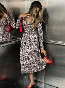 Chiquease Women Casual Vacation Leopard Print Twist Waist 3/4 Sleeve Midi Dress Maxi Women Outfit Fall Cloth For Women - Multicolor - View 6