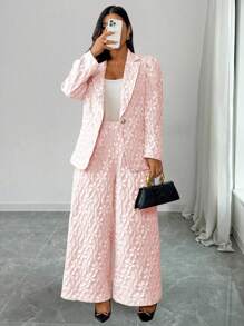 SHEIN Elenzya 2pcs/Set Plus Size Elegant Commute Solid Color Jacquard Blazer & Pants Fall Cloth For Women - Pink - View 5