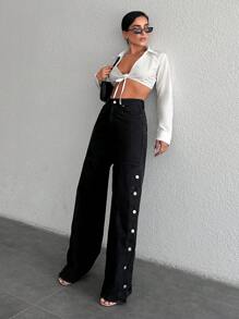 RueChic 100%Cotton Button Detail Wide Leg Jeans - Black - View 7