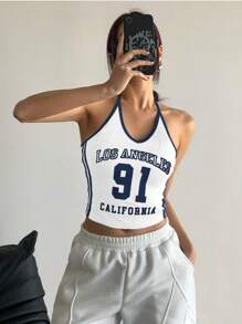 StreetHx Streetwear Damen Lässig Mode Farbblock Los Angeles 91 Nummer Grafik Sexy Spaghetti Träger Trägershirt