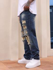 Manfinity LEGND Men's Casual Washed Distressed Straight Leg Jeans - Medium Wash - View 6