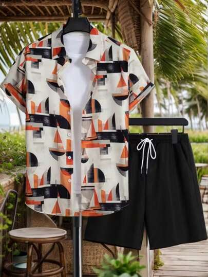 Solantero Conjunto casual de camisa de manga corta con estampado geométrico y pantalones cortos de una sola botonadura para hombre - Conjunto de ropa de verano para hombres, traje de baño hawaiano para hombre