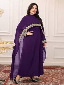 Modelyn Plus Size Women Arabic Style 2pcs Set : Applique Contrast Color Cape Jacket & Dress, Modest