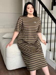 Dazy Plus Vestido Oversize de manga larga con cuello redondo y rayas