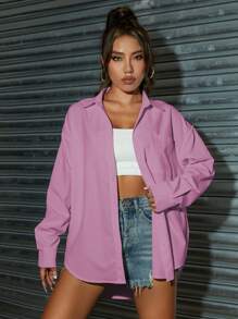 SHEIN LUNE Áo sơ mi dài tay màu sáng đơn sắc mặc thường ngày/đi làm cỡ lớn - Hồng - Xem 3