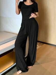 DAZY 1 套女士舒适针织睡衣套装，蕾丝后背镂空设计睡衣 - 黑色 - 查看 5