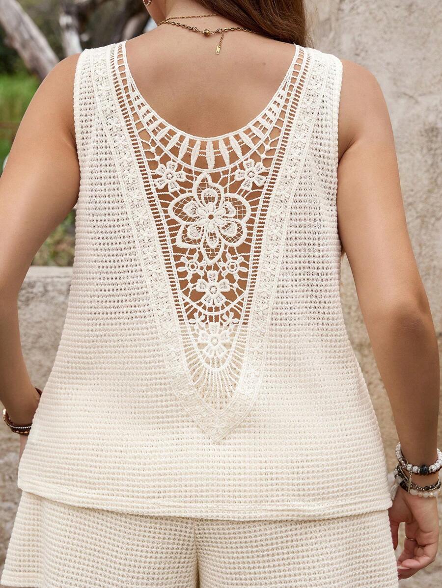 SHEIN LUNE Set da donna taglie forti composto da canottiera monocolore scollo a V e pantaloncini, completo casual estivo in 2 pezzi per donne, outfit da rave, set in due pezzi per vacanze, abbigliamento di stile quotidiano per taglie forti