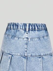 Tween Girls Fashion Light Blue Denim Washed Rhinestone Pleated Casual Elastic Waist Girls Denim Skirt