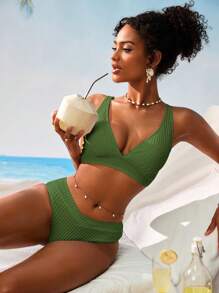 Swim Vcay Women's V-Neck Textured Striped Tankini Swimsuit Set For Summer Beach Vacation - Army Green - View 5