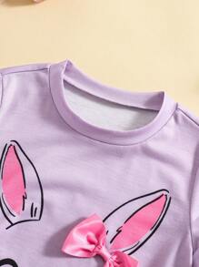SHEIN Young Girl's Summer Casual Rabbit Print Bow Decor T-Shirt - Multicolor - View 4