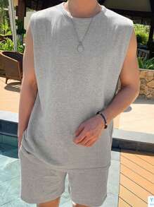 DAZY Summer Solid Light Grey Men's Tank Top Set - Light Grey - View 3