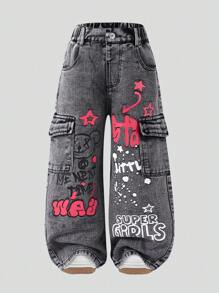 Young Girls Graffiti Distressed Mid-Rise Straight Leg Blue Denim Jeans - Black - View 1
