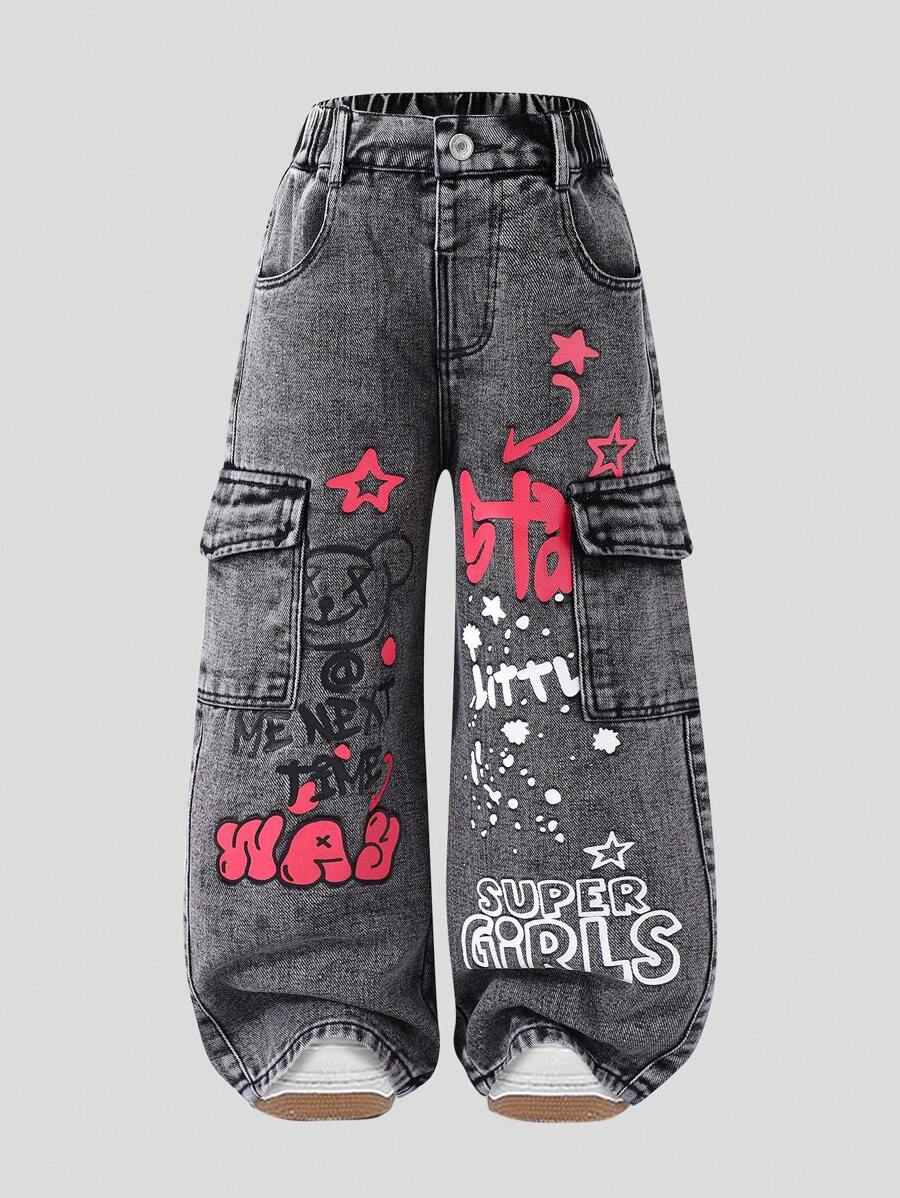 Young Girls Graffiti Distressed Mid-Rise Straight Leg Blue Denim Jeans - Black - View 1