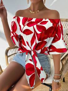 Breezaya Women's Summer Vacation Hawaiian Style Print Off Shoulder Sleeveless Blouse - Red - View 3