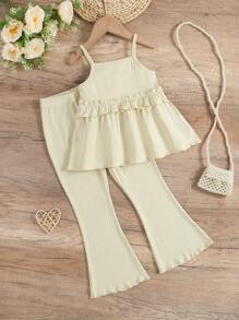 2pcs/Set Girls Casual Plain Ribbed Camisole Tank Top And Flared Leg Pants Set - Apricot - View 1