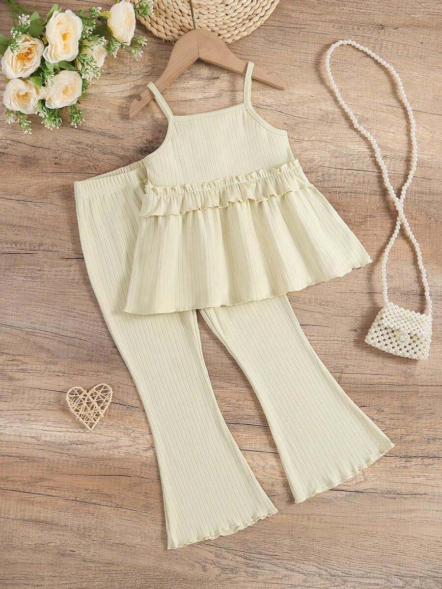 2pcs/Set Girls Casual Plain Ribbed Camisole Tank Top And Flared Leg Pants Set - Apricot - View 1