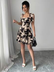 Elenzga Vestido camisero mini con estampado floral elegante para mujer