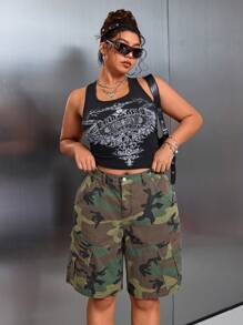 SHEIN ICON Plus Size Multi-Pocket Camouflage Cargo Denim Shorts - Multicolor - View 6