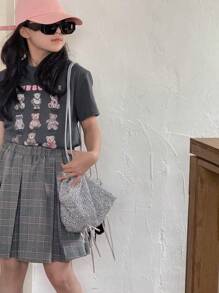 DAZY Ensemble 2 pièces pour filles pré-adolescentes: T-shirt à manches courtes avec imprimé ours de bande dessinée et jupe plissée à carreaux. Tenues d'été pour filles, vêtements pour la rentrée scolaire - Gris - Voir 5