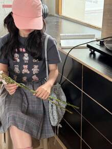 DAZY Ensemble 2 pièces pour filles pré-adolescentes: T-shirt à manches courtes avec imprimé ours de bande dessinée et jupe plissée à carreaux. Tenues d'été pour filles, vêtements pour la rentrée scolaire - Gris - Voir 8