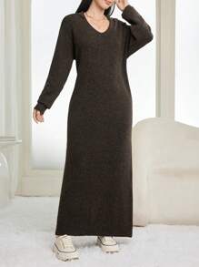 Seusyu V-Ausschnitt, locker fallende, gestrickte Midi-Kleid mit Langarm im Lässig Stil - Khaki - Übersicht 3
