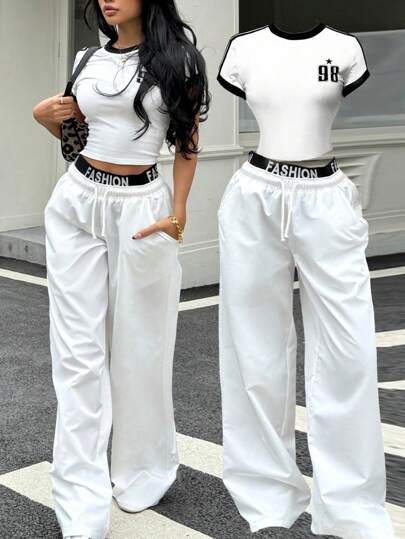 SHEIN Conjunto de blusa manga corta a contraste y pantalón ancho de pierna suelta en color blanco, look deportivo y urbano para adolescentes