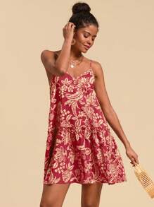 Travachic 女式编织复古印花荷叶边下摆吊带迷你连衣裙