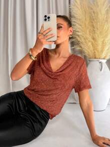 SHEIN Clasi Brown Lace Scoop Neck Loose Women T-Shirt Summer For Women Summer Tops Women Sexy For Women Summer Tops Country Concert