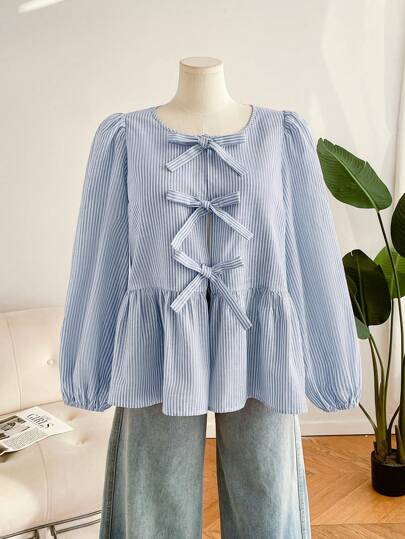 CosyJoli 大码女装春秋时尚休闲宽松舒适日常蓝白条纹长袖领结衬衫，女式衬衫，母女装，度假装女士，曲线可爱上衣