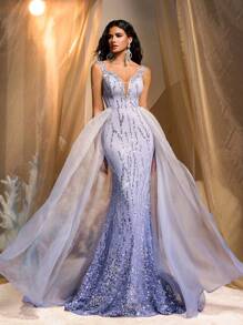 Glamrae 优雅紫色渐变奢华全亮片深 V 领鱼尾裙，带可拆卸尾部，正式晚礼服，派对礼服，婚礼宾客礼服，晚礼服 - 紫色 - 查看 1