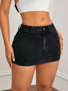 SHEIN ICON Casual Washed Slim-Fit Mini Denim Skirt - Black - View 6