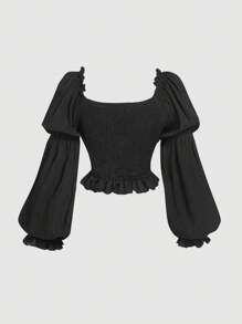 SHEIN MOD Áo cánh thanh lịch màu trơn cổ tim tay đèn lồng xếp nếp buộc phía trước cho nữ xuân hè - màu đen - Xem 2