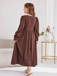 Tween Girls Contrast Color Block Waist Pleated Bust Adjustable Strap Front Ruffle Long Sleeve Square Neck Midi Dress, Suitable For Home And Outdoor ,Boho Style - Brown - View 2