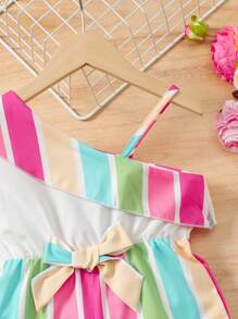 New Young Girls Party One-Shoulder Ruffled Wide Leg Romper, Rainbow Print Casual High Waist Slim Romper - White - View 6