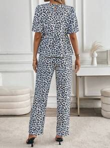 Chiquease 2pcs/Set Women Leopard Print Ruffle Trim Crew Neck Top And Pants - Multicolor - View 2