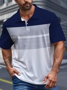 Manfinity Homme Plus Size Men's Casual Contrast Color Block Short Sleeve Polo Shirt - Blue and White - View 1