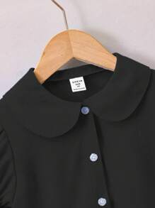 SHEIN 年轻女孩夏季休闲纯色泡泡袖衬衫 - 黑色 - 查看 6