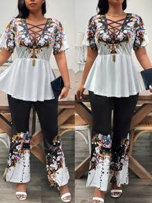 SHEIN Holidaya 大码女式畅销波西米亚度假风V领喇叭袖弧形下摆上衣和阔腿裤春夏两件套