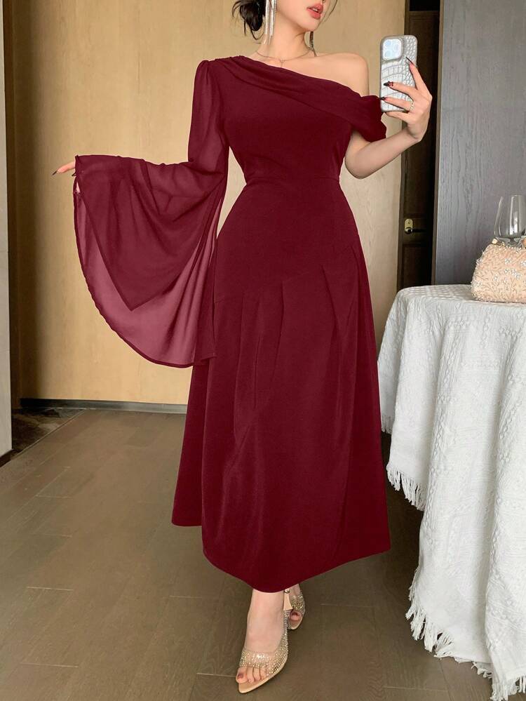 Women's Elegant Solid Color Flare Sleeve Asymmetric Collar Long Dress Elegant Sundress,Formal Women Dresses Red Women Dresses,New Year